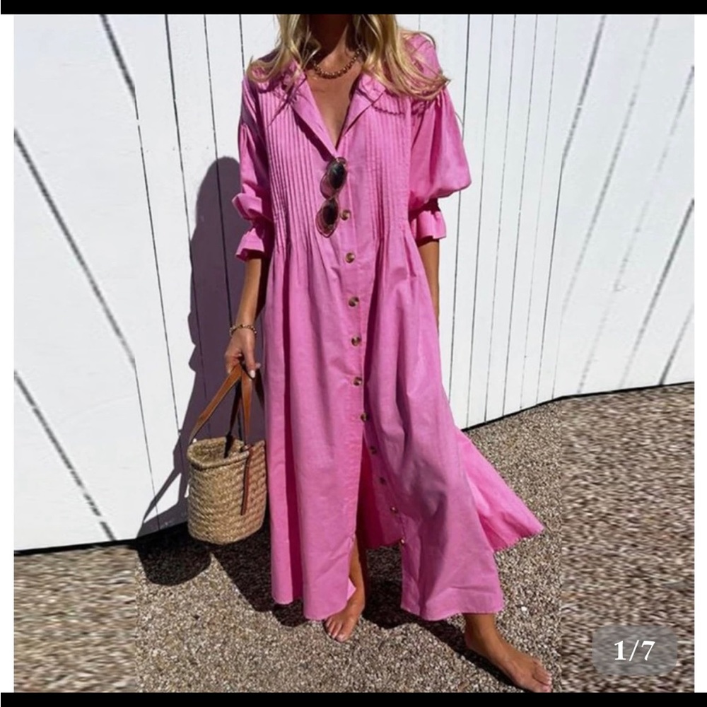 Pink puff sleeve button up maxi, size L NWT